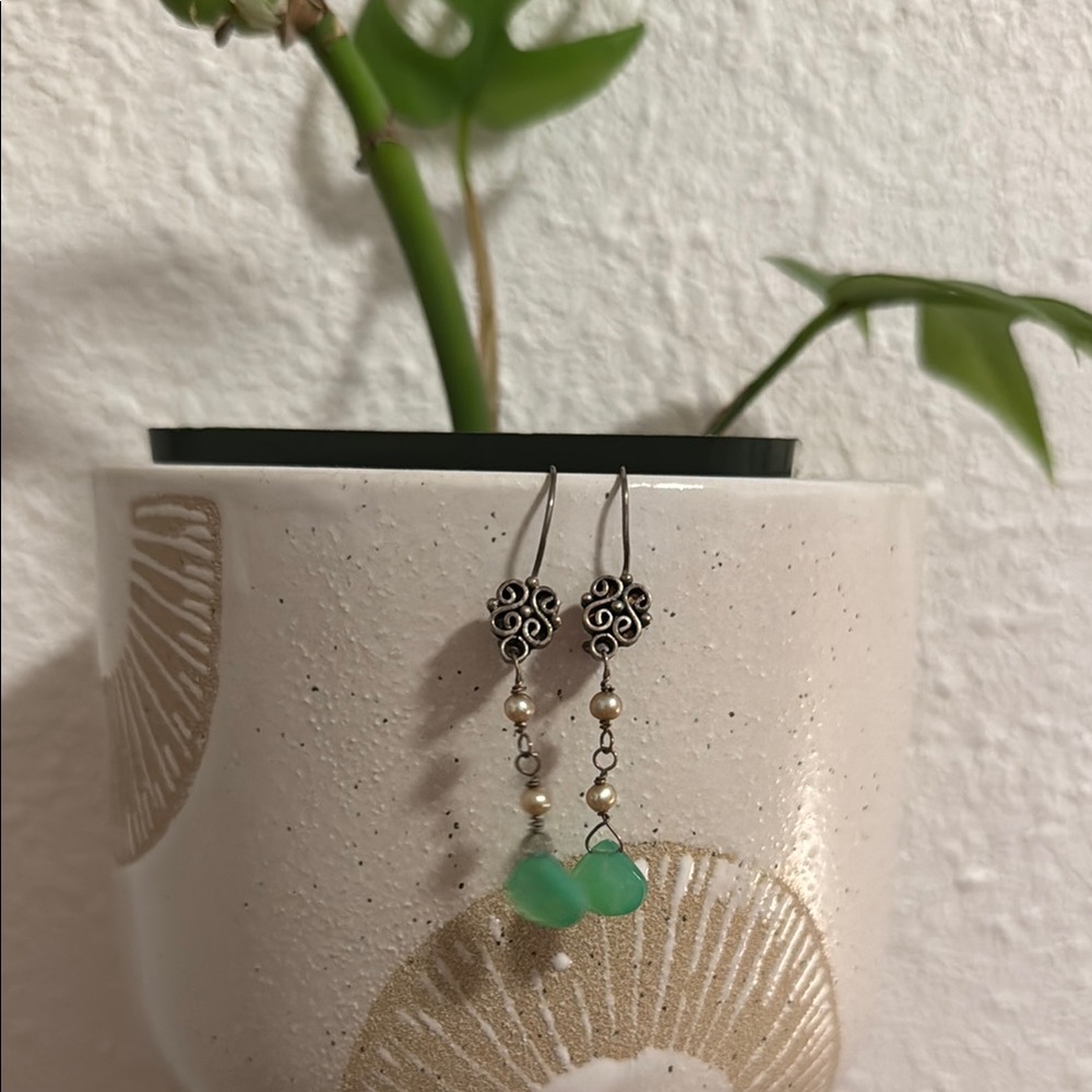 Elegant Silver, Pearl, and Teal Dangle Earrings